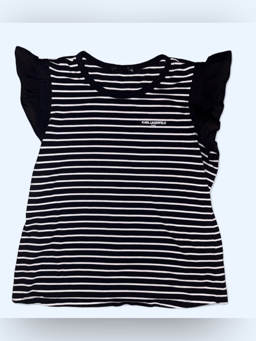 Karl Lagerfeld Paris Black & White Striped Ruffle Sleeve Top